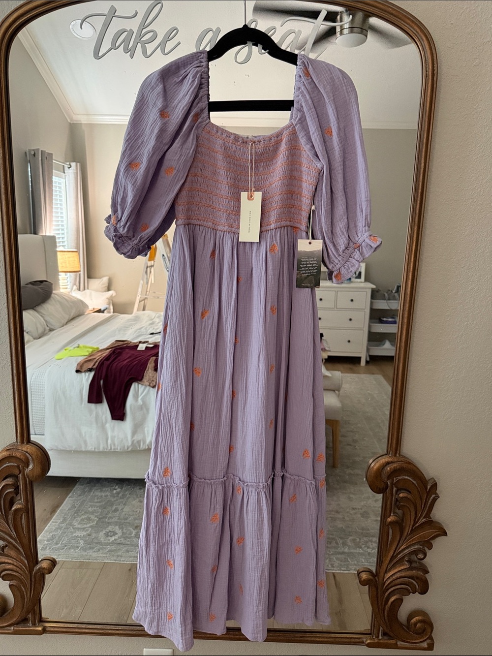 Smocked Lilac Maxi Dress with Orange Embroidery